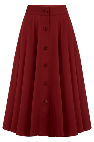The "Beverly" Button Front Full Circle Skirt with Pockets in Solid Wine, True 1950s Vintage Style - True and authentic vintage style clothing, inspired by the Classic styles of CC41 , WW2 and the fun 1950s RocknRoll era, for everyday wear plus events like Goodwood Revival, Twinwood Festival and Viva Las Vegas Rockabilly Weekend Rock n Romance Rock n Romance