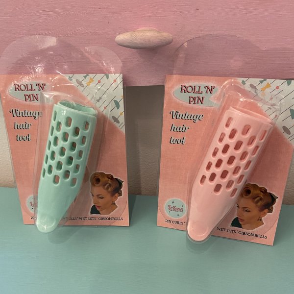 ROLL ‘N’ PIN – VINTAGE HAIR STYLING TOOL in Pretty Pink or Mint Green by Le Keux Cosmetics - True and authentic vintage style clothing, inspired by the Classic styles of CC41 , WW2 and the fun 1950s RocknRoll era, for everyday wear plus events like Goodwood Revival, Twinwood Festival and Viva Las Vegas Rockabilly Weekend Rock n Romance Le Keux Cosmetics