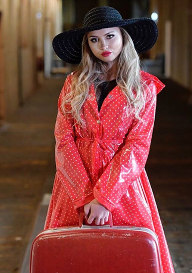 **UK Hand Made To Order** Classic 1940s Style "Romantica Full Skirted Rain Mac" in Red With Polka - True and authentic vintage style clothing, inspired by the Classic styles of CC41 , WW2 and the fun 1950s RocknRoll era, for everyday wear plus events like Goodwood Revival, Twinwood Festival and Viva Las Vegas Rockabilly Weekend Rock n Romance Elements Rain Wear