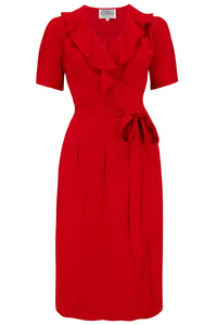 "Peggy Ruffle" Wrap Dress In Lipstick Red , Classic 1940s True Vintage Style - True and authentic vintage style clothing, inspired by the Classic styles of CC41 , WW2 and the fun 1950s RocknRoll era, for everyday wear plus events like Goodwood Revival, Twinwood Festival and Viva Las Vegas Rockabilly Weekend Rock n Romance The Seamstress of Bloomsbury