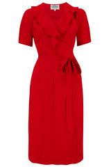 "Peggy Ruffle" Wrap Dress In Lipstick Red , Classic 1940s True Vintage Style