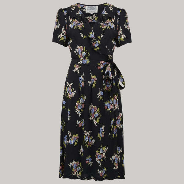 "Peggy Ruffle" Wrap Dress In Black Floral, Classic 1940s True Vintage Style - True and authentic vintage style clothing, inspired by the Classic styles of CC41 , WW2 and the fun 1950s RocknRoll era, for everyday wear plus events like Goodwood Revival, Twinwood Festival and Viva Las Vegas Rockabilly Weekend Rock n Romance The Seamstress of Bloomsbury