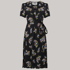 "Peggy Ruffle" Wrap Dress In Black Floral, Classic 1940s True Vintage Style
