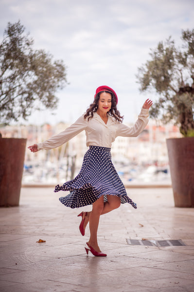 "Isabelle" Skirt in Navy with white polka, Classic & Authentic 1940s Vintage Inspired Style - CC41, Goodwood Revival, Twinwood Festival, Viva Las Vegas Rockabilly Weekend Rock n Romance The Seamstress Of Bloomsbury