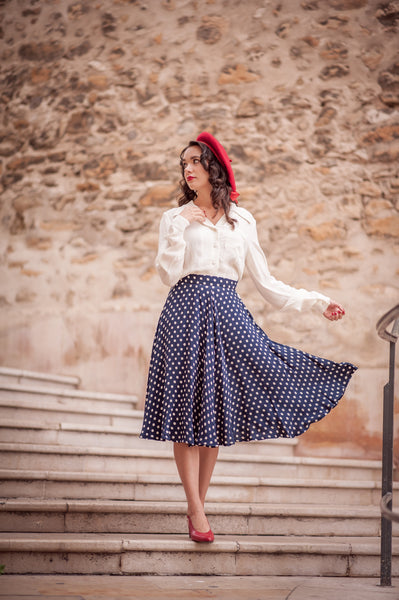 "Isabelle" Skirt in Navy with white polka, Classic & Authentic 1940s Vintage Inspired Style - True and authentic vintage style clothing, inspired by the Classic styles of CC41 , WW2 and the fun 1950s RocknRoll era, for everyday wear plus events like Goodwood Revival, Twinwood Festival and Viva Las Vegas Rockabilly Weekend Rock n Romance The Seamstress Of Bloomsbury