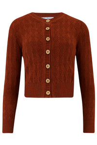 The "Sandra" Textured Diamond Knit Cardigan in Cinnamon, 1940s & 50s Vintage Style - True and authentic vintage style clothing, inspired by the Classic styles of CC41 , WW2 and the fun 1950s RocknRoll era, for everyday wear plus events like Goodwood Revival, Twinwood Festival and Viva Las Vegas Rockabilly Weekend Rock n Romance Rock n Romance