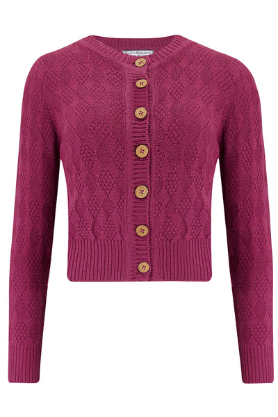 The "Sandra" Textured Diamond Knit Cardigan in Fuchsia Pink, 1940s & 50s Vintage Style - True and authentic vintage style clothing, inspired by the Classic styles of CC41 , WW2 and the fun 1950s RocknRoll era, for everyday wear plus events like Goodwood Revival, Twinwood Festival and Viva Las Vegas Rockabilly Weekend Rock n Romance Rock n Romance