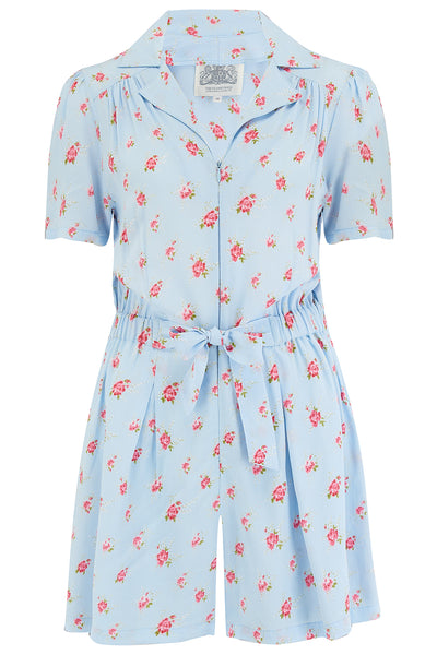 Emma Play suit In Powder Blue Rose by The Seamstress of Bloomsbury, Classic 1940s Vintage Style - True and authentic vintage style clothing, inspired by the Classic styles of CC41 , WW2 and the fun 1950s RocknRoll era, for everyday wear plus events like Goodwood Revival, Twinwood Festival and Viva Las Vegas Rockabilly Weekend Rock n Romance The Seamstress Of Bloomsbury