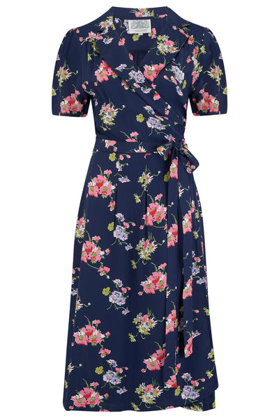 "Peggy" Wrap Dress in Navy Mayflower, Classic 1940s Vintage Style - True and authentic vintage style clothing, inspired by the Classic styles of CC41 , WW2 and the fun 1950s RocknRoll era, for everyday wear plus events like Goodwood Revival, Twinwood Festival and Viva Las Vegas Rockabilly Weekend Rock n Romance The Seamstress of Bloomsbury