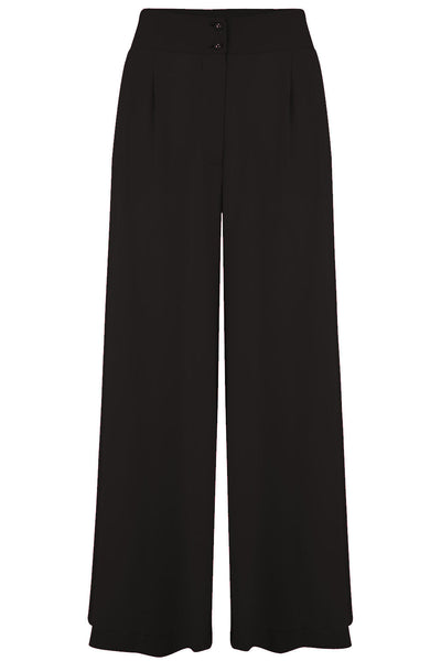 The "Sophia" Palazzo Wide Leg Trousers in Black, Easy To Wear Vintage Inspired Style - True and authentic vintage style clothing, inspired by the Classic styles of CC41 , WW2 and the fun 1950s RocknRoll era, for everyday wear plus events like Goodwood Revival, Twinwood Festival and Viva Las Vegas Rockabilly Weekend Rock n Romance Rock n Romance
