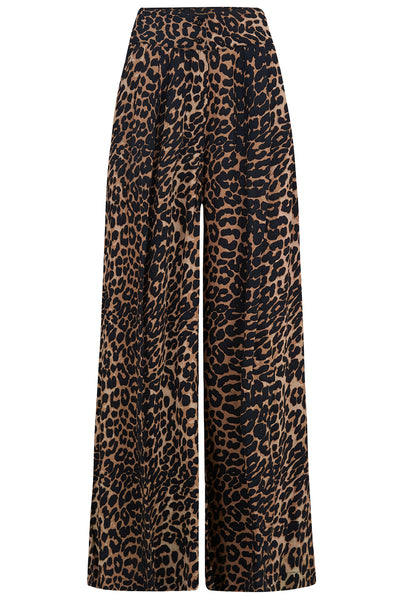 The "Sophia" Palazzo Wide Leg Trousers in Leopard Print, Easy To Wear Vintage Inspired Style - True and authentic vintage style clothing, inspired by the Classic styles of CC41 , WW2 and the fun 1950s RocknRoll era, for everyday wear plus events like Goodwood Revival, Twinwood Festival and Viva Las Vegas Rockabilly Weekend Rock n Romance Rock n Romance