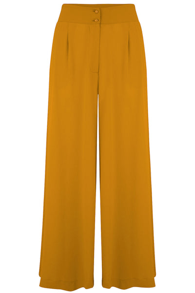 The "Sophia" Palazzo Wide Leg Trousers in Mustard, Easy To Wear Vintage Inspired Style - True and authentic vintage style clothing, inspired by the Classic styles of CC41 , WW2 and the fun 1950s RocknRoll era, for everyday wear plus events like Goodwood Revival, Twinwood Festival and Viva Las Vegas Rockabilly Weekend Rock n Romance Rock n Romance