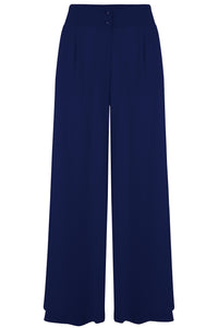 The "Sophia" Palazzo Wide Leg Trousers in Navy, Easy To Wear Vintage Inspired Style - True and authentic vintage style clothing, inspired by the Classic styles of CC41 , WW2 and the fun 1950s RocknRoll era, for everyday wear plus events like Goodwood Revival, Twinwood Festival and Viva Las Vegas Rockabilly Weekend Rock n Romance Rock n Romance