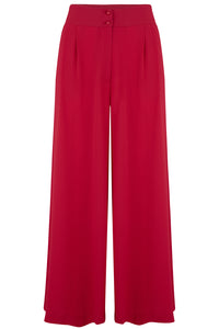 The "Sophia" Palazzo Wide Leg Trousers in Red, Easy To Wear Vintage Inspired Style - True and authentic vintage style clothing, inspired by the Classic styles of CC41 , WW2 and the fun 1950s RocknRoll era, for everyday wear plus events like Goodwood Revival, Twinwood Festival and Viva Las Vegas Rockabilly Weekend Rock n Romance Rock n Romance