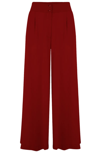 The "Sophia" Palazzo Wide Leg Trousers in Wine, Easy To Wear Vintage Inspired Style - True and authentic vintage style clothing, inspired by the Classic styles of CC41 , WW2 and the fun 1950s RocknRoll era, for everyday wear plus events like Goodwood Revival, Twinwood Festival and Viva Las Vegas Rockabilly Weekend Rock n Romance Rock n Romance