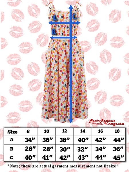 The "Suzy Sun Dress" in Tutti Frutti Print, Easy To Wear Tiki Style From The 50s - True and authentic vintage style clothing, inspired by the Classic styles of CC41 , WW2 and the fun 1950s RocknRoll era, for everyday wear plus events like Goodwood Revival, Twinwood Festival and Viva Las Vegas Rockabilly Weekend Rock n Romance Rock n Romance