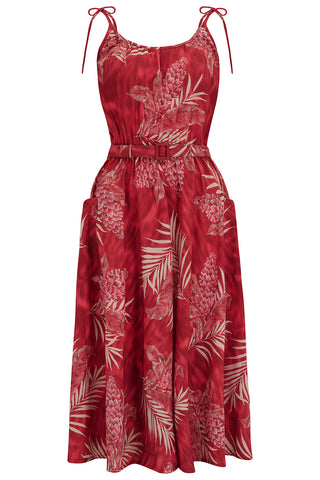 **Vente d'échantillons** La "Suzy Sun Dress" en imprimé Ruby Palm, facile à porter style Tiki des années 50