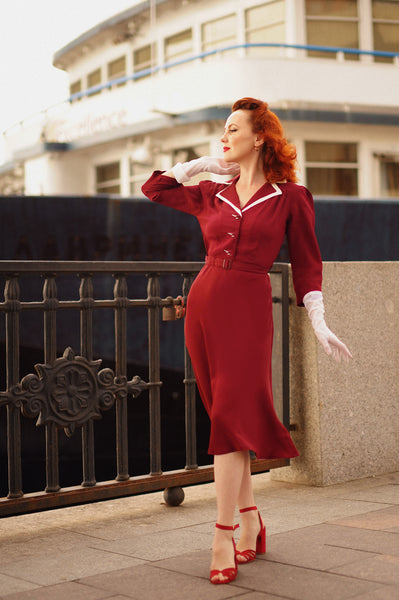 Long sleeve Lisa - Mae Dress in Wine with contrast under collar, Authentic 1940s Vintage Style at its Best - True and authentic vintage style clothing, inspired by the Classic styles of CC41 , WW2 and the fun 1950s RocknRoll era, for everyday wear plus events like Goodwood Revival, Twinwood Festival and Viva Las Vegas Rockabilly Weekend Rock n Romance The Seamstress Of Bloomsbury