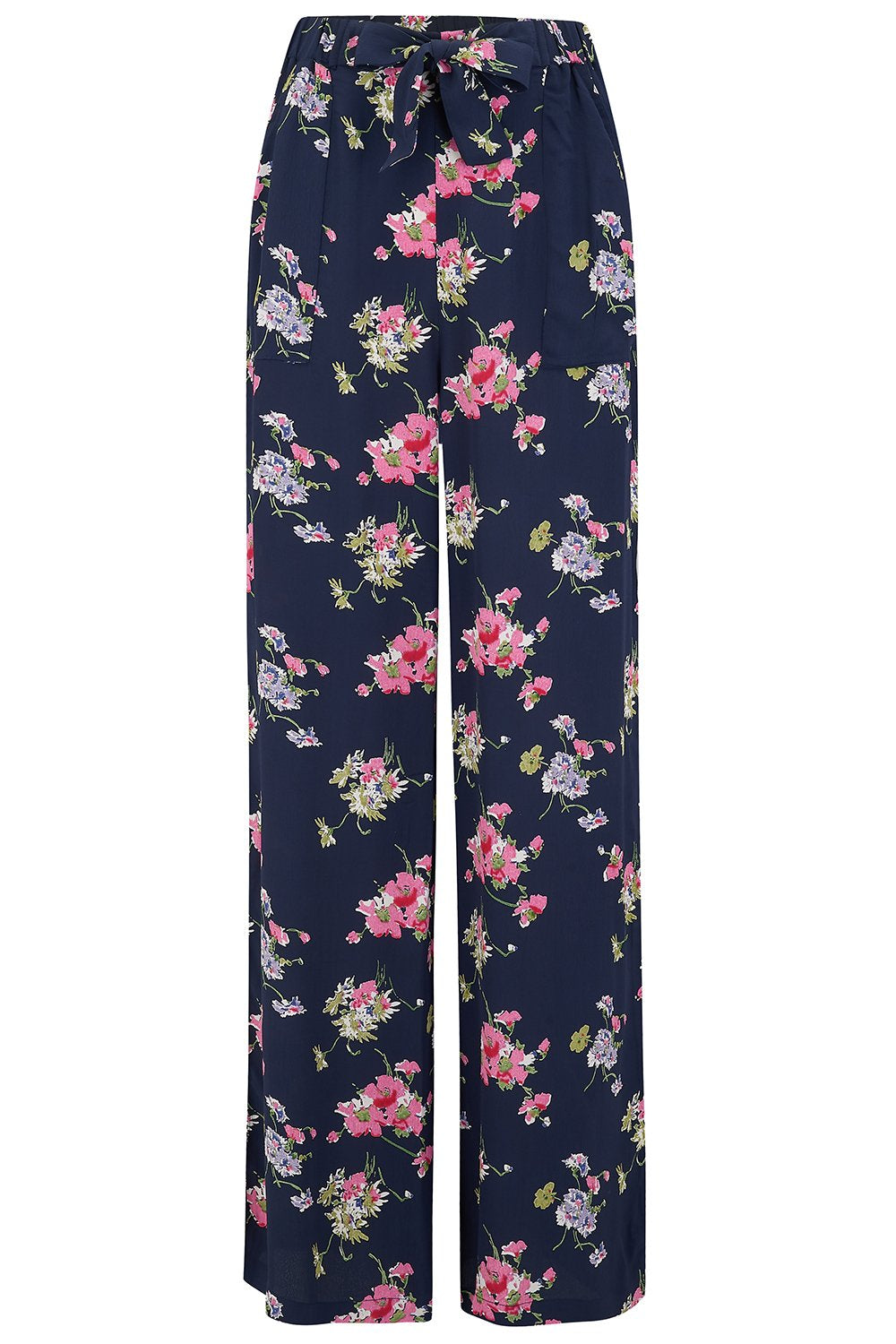 "Winnie" Wide Leg Loose Fit Trousers in Navy Mayflower Print, Classic 1940s Vintage Style - True and authentic vintage style clothing, inspired by the Classic styles of CC41 , WW2 and the fun 1950s RocknRoll era, for everyday wear plus events like Goodwood Revival, Twinwood Festival and Viva Las Vegas Rockabilly Weekend Rock n Romance The Seamstress Of Bloomsbury