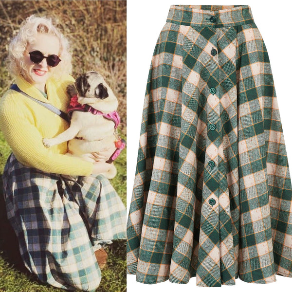 The "Beverly" Button Front Full Circle Skirt with Pockets in Green Check Print, True 1950s Vintage Style - CC41, Goodwood Revival, Twinwood Festival, Viva Las Vegas Rockabilly Weekend Rock n Romance Rock n Romance
