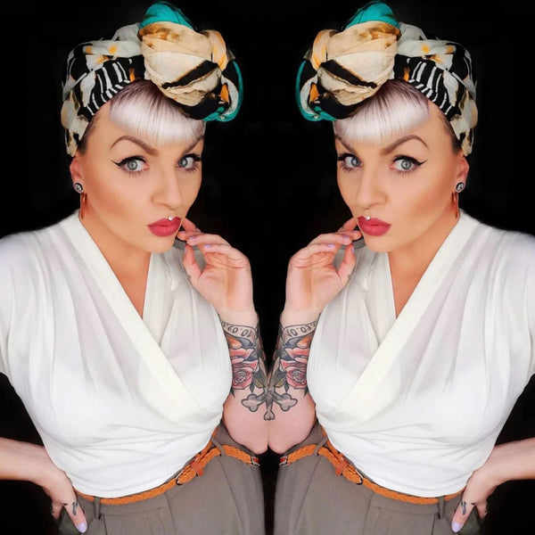 The "Darla" Short Sleeve Wrap Blouse in Antique White, True Vintage Style - True and authentic vintage style clothing, inspired by the Classic styles of CC41 , WW2 and the fun 1950s RocknRoll era, for everyday wear plus events like Goodwood Revival, Twinwood Festival and Viva Las Vegas Rockabilly Weekend Rock n Romance Rock n Romance