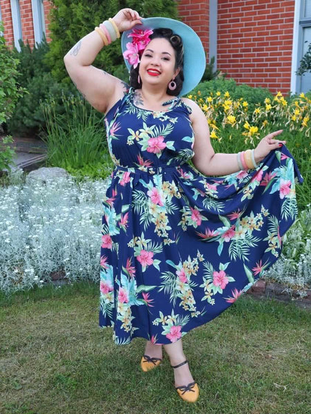 **Sample Sale** The "Suzy Sun Dress" in Navy Honolulu Print, Easy To Wear Tiki Style From The 50s - True and authentic vintage style clothing, inspired by the Classic styles of CC41 , WW2 and the fun 1950s RocknRoll era, for everyday wear plus events like Goodwood Revival, Twinwood Festival and Viva Las Vegas Rockabilly Weekend Rock n Romance Rock n Romance