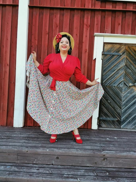 The "Beverly" Button Front Full Circle Skirt with Pockets in Tutti Frutti Print, Authentic 1950s Vintage Style - CC41, Goodwood Revival, Twinwood Festival, Viva Las Vegas Rockabilly Weekend Rock n Romance Rock n Romance