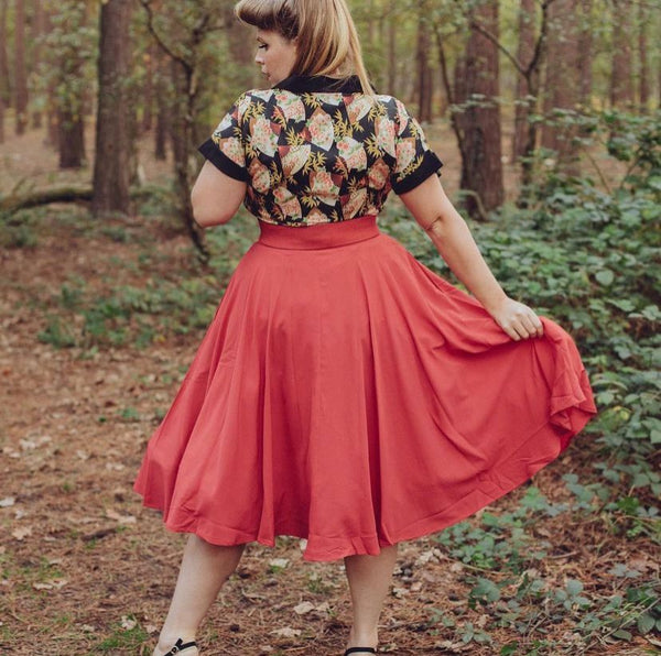 The "Beverly" Button Front Full Circle Skirt with Pockets in Solid Red, True & Authentic 1950s Vintage Style - True and authentic vintage style clothing, inspired by the Classic styles of CC41 , WW2 and the fun 1950s RocknRoll era, for everyday wear plus events like Goodwood Revival, Twinwood Festival and Viva Las Vegas Rockabilly Weekend Rock n Romance Rock n Romance