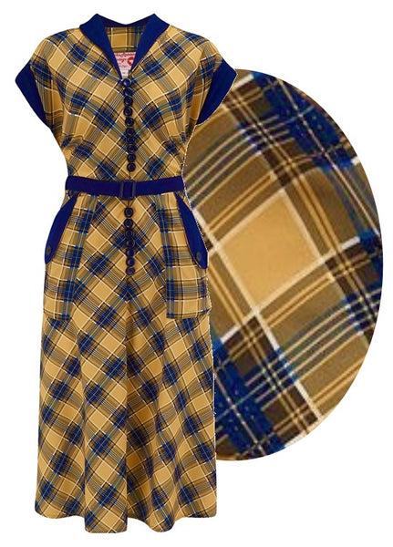 The "Casey" Dress in Mustard & Navy Check Print, True 1950s Vintage Style - CC41, Goodwood Revival, Twinwood Festival, Viva Las Vegas Rockabilly Weekend Rock n Romance Rock n Romance