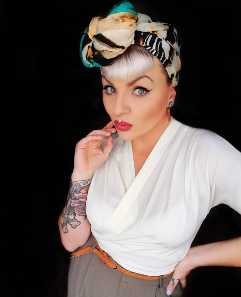 The "Darla" Short Sleeve Wrap Blouse in Antique White, True Vintage Style - True and authentic vintage style clothing, inspired by the Classic styles of CC41 , WW2 and the fun 1950s RocknRoll era, for everyday wear plus events like Goodwood Revival, Twinwood Festival and Viva Las Vegas Rockabilly Weekend Rock n Romance Rock n Romance