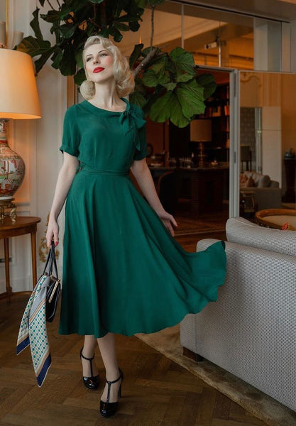 Cindy Dress in Green by The Seamstress Of Bloomsbury, Classic 1940s Vintage Inspired Style - True and authentic vintage style clothing, inspired by the Classic styles of CC41 , WW2 and the fun 1950s RocknRoll era, for everyday wear plus events like Goodwood Revival, Twinwood Festival and Viva Las Vegas Rockabilly Weekend Rock n Romance The Seamstress Of Bloomsbury
