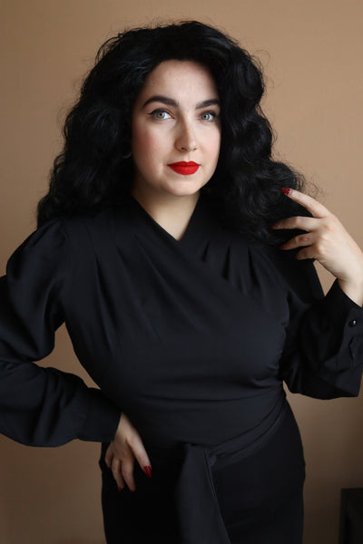 The "Darla" Long Sleeve Wrap Blouse in Black, True Vintage Style - True and authentic vintage style clothing, inspired by the Classic styles of CC41 , WW2 and the fun 1950s RocknRoll era, for everyday wear plus events like Goodwood Revival, Twinwood Festival and Viva Las Vegas Rockabilly Weekend Rock n Romance Rock n Romance