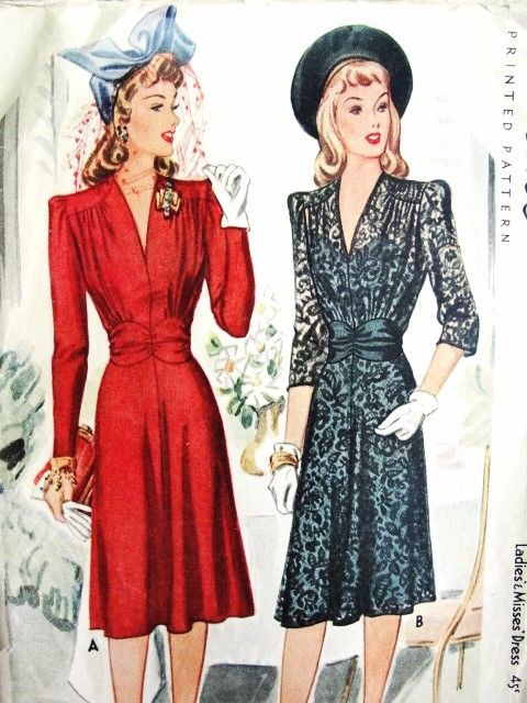 1940 long sleeve dress Blue 1940s Embroidered Floral Lantern Sleeve Dress