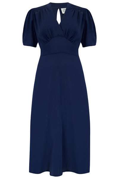 "Dolores" Swing Dress in Solid Navy, Classic 1940s Inspired Vintage Style - True and authentic vintage style clothing, inspired by the Classic styles of CC41 , WW2 and the fun 1950s RocknRoll era, for everyday wear plus events like Goodwood Revival, Twinwood Festival and Viva Las Vegas Rockabilly Weekend Rock n Romance The Seamstress Of Bloomsbury