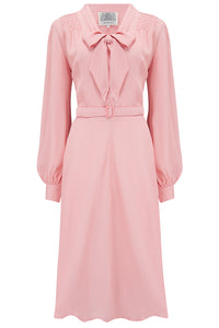 "Eva" Dress in Blossom Pink , Classic 1940's Style Long Sleeve Dress with Tie Neck - CC41, Goodwood Revival, Twinwood Festival, Viva Las Vegas Rockabilly Weekend Rock n Romance The Seamstress Of Bloomsbury