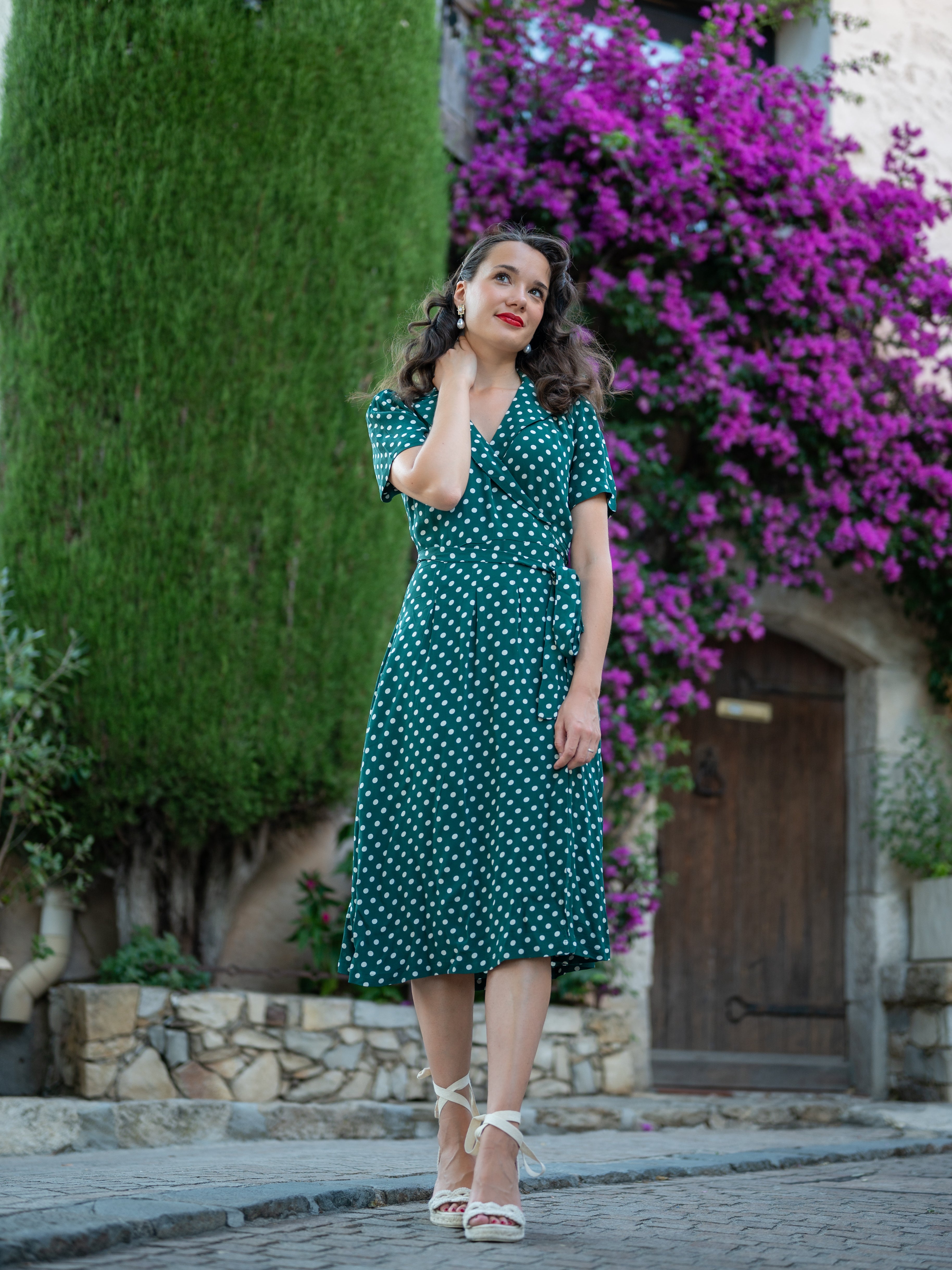 Peggy Wrap Dress Green Polka Dot, Classic 1940s True Vintage Style 16 Peggy Wrap Dress Green Polka Dot, Classic 1940s True Vintage Style 16