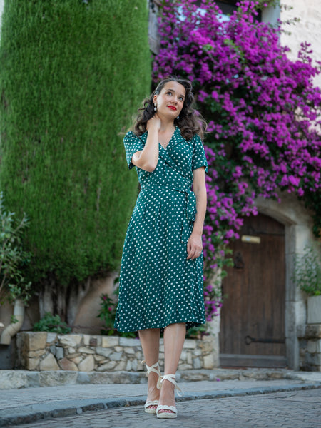 "Peggy Wrap Dress Green Polka , Classic 1940s True Vintage Style - True and authentic vintage style clothing, inspired by the Classic styles of CC41 , WW2 and the fun 1950s RocknRoll era, for everyday wear plus events like Goodwood Revival, Twinwood Festival and Viva Las Vegas Rockabilly Weekend Rock n Romance The Seamstress of Bloomsbury