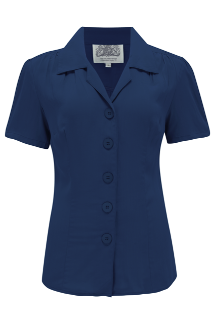 "Grace" Blouse in Navy Blue Print, Classic 1940s Vintage Style - True and authentic vintage style clothing, inspired by the Classic styles of CC41 , WW2 and the fun 1950s RocknRoll era, for everyday wear plus events like Goodwood Revival, Twinwood Festival and Viva Las Vegas Rockabilly Weekend Rock n Romance The Seamstress Of Bloomsbury