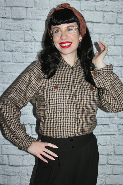 The "Bobby Jacket" in Woven Brown Houndstooth Lightweight Wool, Classic Rockabilly Style - True and authentic vintage style clothing, inspired by the Classic styles of CC41 , WW2 and the fun 1950s RocknRoll era, for everyday wear plus events like Goodwood Revival, Twinwood Festival and Viva Las Vegas Rockabilly Weekend Rock n Romance Rock n Romance