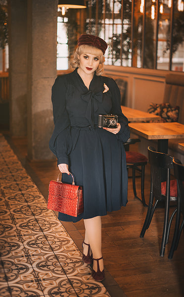 "Eva" Dress in Navy , Classic 1940's Style Long Sleeve Dress with Tie Neck - True and authentic vintage style clothing, inspired by the Classic styles of CC41 , WW2 and the fun 1950s RocknRoll era, for everyday wear plus events like Goodwood Revival, Twinwood Festival and Viva Las Vegas Rockabilly Weekend Rock n Romance The Seamstress Of Bloomsbury