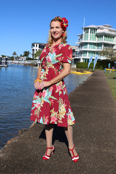 The "Charlene" Shirtwaister Dress in Wine Honolulu Print, True & Authentic 1950s Vintage Style - True and authentic vintage style clothing, inspired by the Classic styles of CC41 , WW2 and the fun 1950s RocknRoll era, for everyday wear plus events like Goodwood Revival, Twinwood Festival and Viva Las Vegas Rockabilly Weekend Rock n Romance Rock n Romance