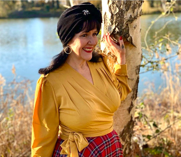 The "Darla" Long Sleeve Wrap Blouse in Mustard, True Vintage Style - True and authentic vintage style clothing, inspired by the Classic styles of CC41 , WW2 and the fun 1950s RocknRoll era, for everyday wear plus events like Goodwood Revival, Twinwood Festival and Viva Las Vegas Rockabilly Weekend Rock n Romance Rock n Romance