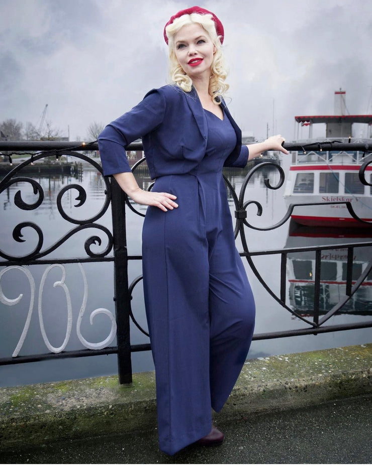 1940s Overalls & Coveralls | Rosie the Riveter The Lana Palazzo Jump Suit Bolero 2pc Set in Navy Easy To Wear Vintage Style £59.95 AT vintagedancer.com