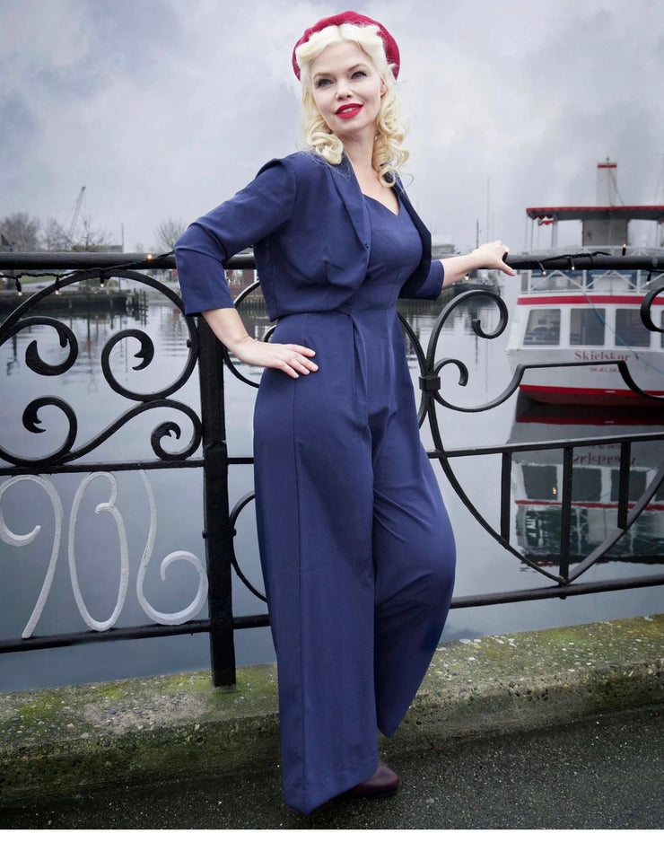 1940s Overalls & Coveralls | Rosie the Riveter The Lana Palazzo Jump Suit  Bolero 2pc Set in Navy Easy To Wear Vintage Style £59.95 AT vintagedancer.com