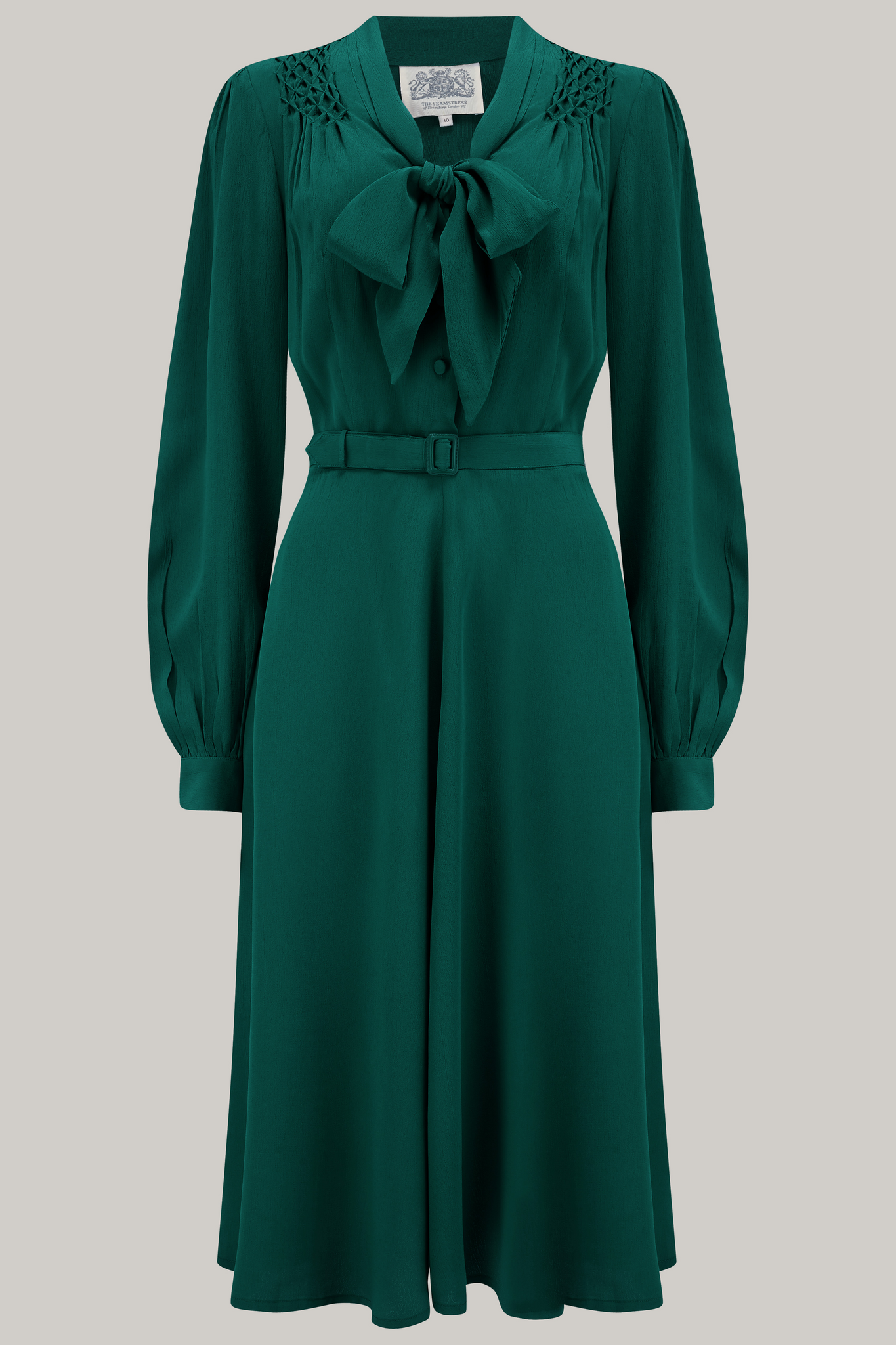 "Eva" Dress in Green , Classic 1940's Style Long Sleeve Dress with Tie Neck - True and authentic vintage style clothing, inspired by the Classic styles of CC41 , WW2 and the fun 1950s RocknRoll era, for everyday wear plus events like Goodwood Revival, Twinwood Festival and Viva Las Vegas Rockabilly Weekend Rock n Romance The Seamstress Of Bloomsbury