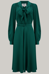 "Eva" Dress in Green , Classic 1940's Style Long Sleeve Dress with Tie Neck