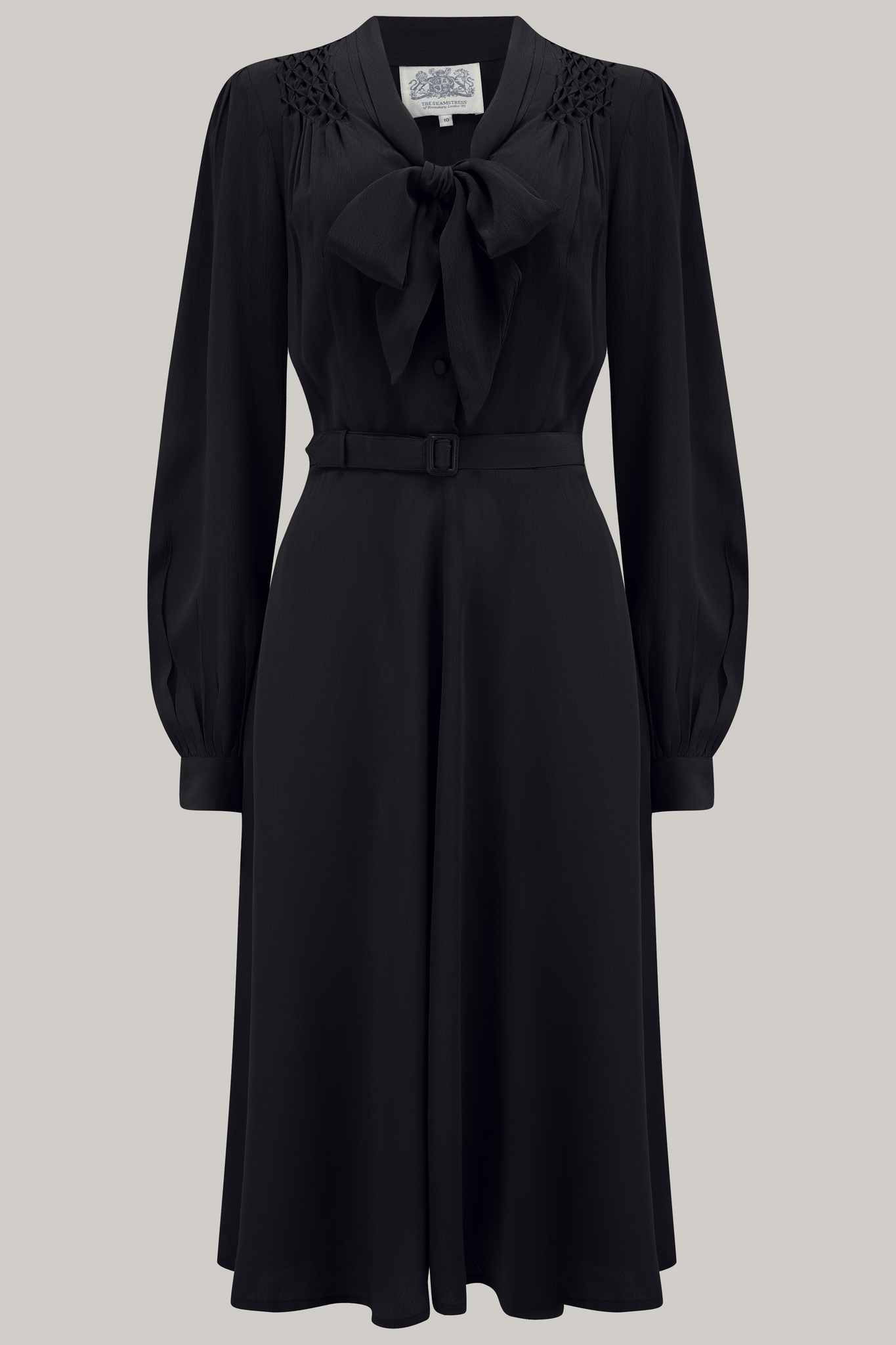 "Eva" Dress in Black , Classic 1940's Style Long Sleeve Dress with Tie Neck - CC41, Goodwood Revival, Twinwood Festival, Viva Las Vegas Rockabilly Weekend Rock n Romance The Seamstress Of Bloomsbury