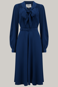 "Eva" Dress in Navy , Classic 1940's Style Long Sleeve Dress with Tie Neck - CC41, Goodwood Revival, Twinwood Festival, Viva Las Vegas Rockabilly Weekend Rock n Romance The Seamstress Of Bloomsbury