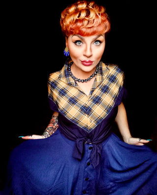 **Sample Sale** The "Maisy" Tuck in or Tie Up Blouse in Mustard Check & Navy, Classic Vintage Western Style - True vintage clothing outfit styles for Goodwood Revival and Viva Las Vegas Rockabilly Weekend Rock n Romance Rock n Romance