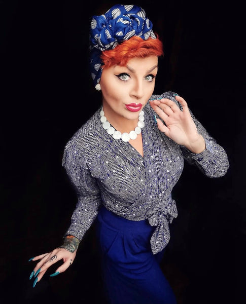 The "Darla" Long Sleeve Wrap Blouse in Ditzy Navy, True Vintage Style - True and authentic vintage style clothing, inspired by the Classic styles of CC41 , WW2 and the fun 1950s RocknRoll era, for everyday wear plus events like Goodwood Revival, Twinwood Festival and Viva Las Vegas Rockabilly Weekend Rock n Romance Rock n Romance